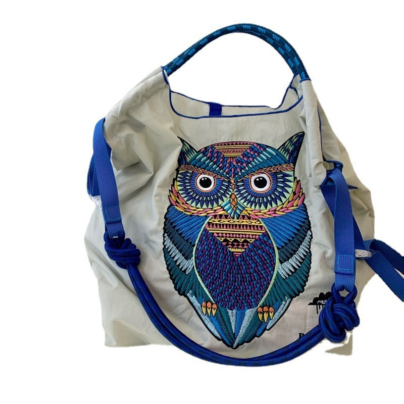 Owl Embroidery Green Shopping Nylon Cloth Waterproof Portable Women's Shoulder Bag