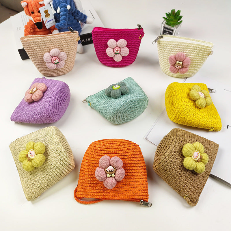 Children's Mini Straw Flower Woven Little Coin Purses