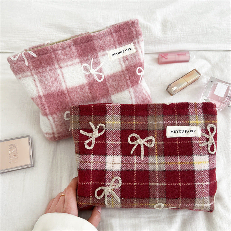 Embroidered Bow Plaid Valentine's Day Gift Wash Makeup Bag