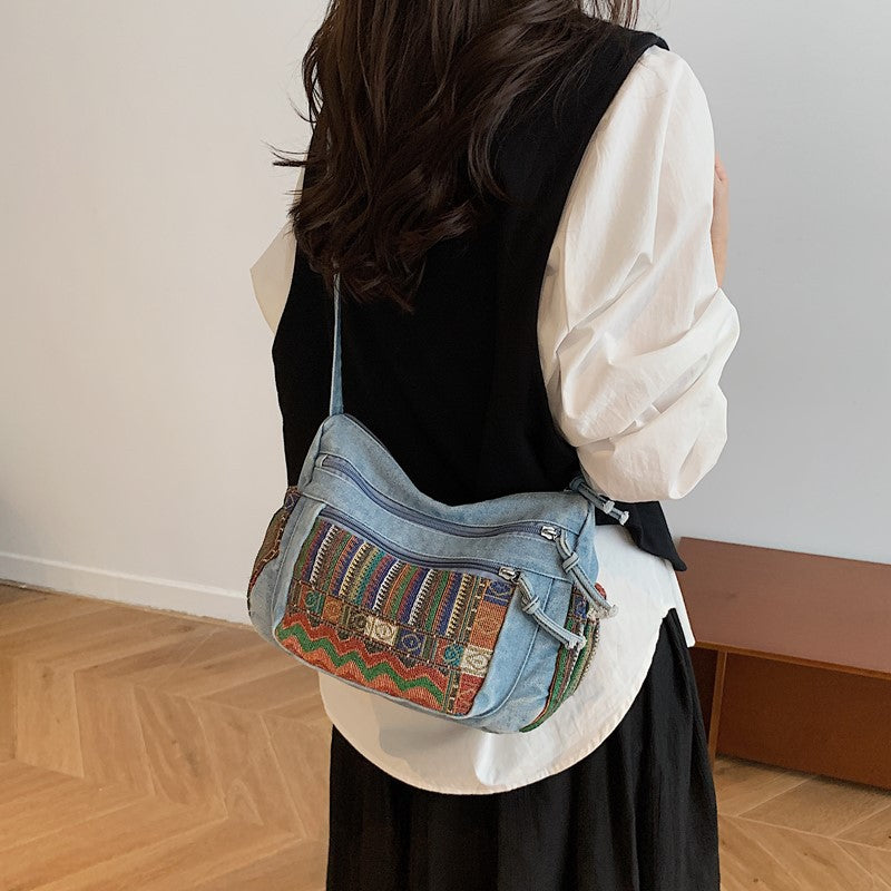 Retro Ethnic Style Embroidered Denim Commuter Large Capacity Female Women's Messenger Bag