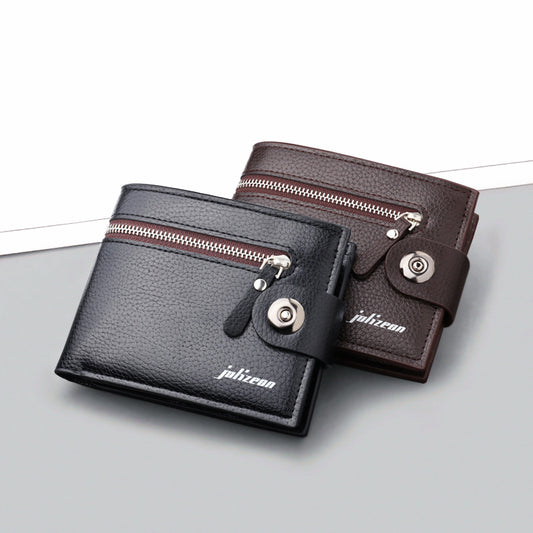 Men's Magnetic Snap Short With Zipper Pocket Folding Men's Wallets