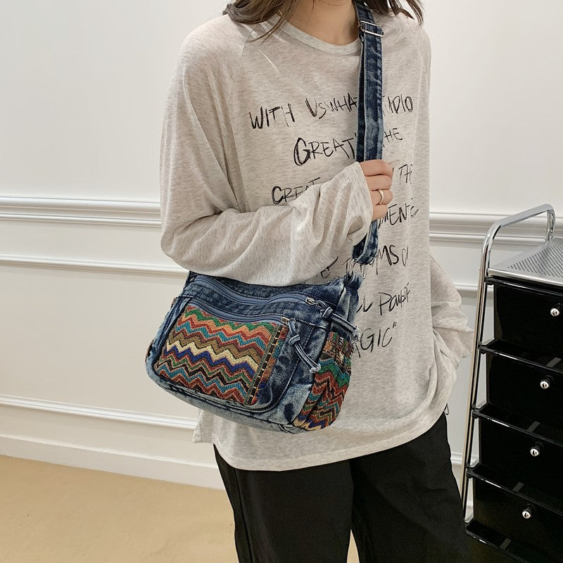 Retro Ethnic Style Embroidered Denim Commuter Large Capacity Female Women's Messenger Bag