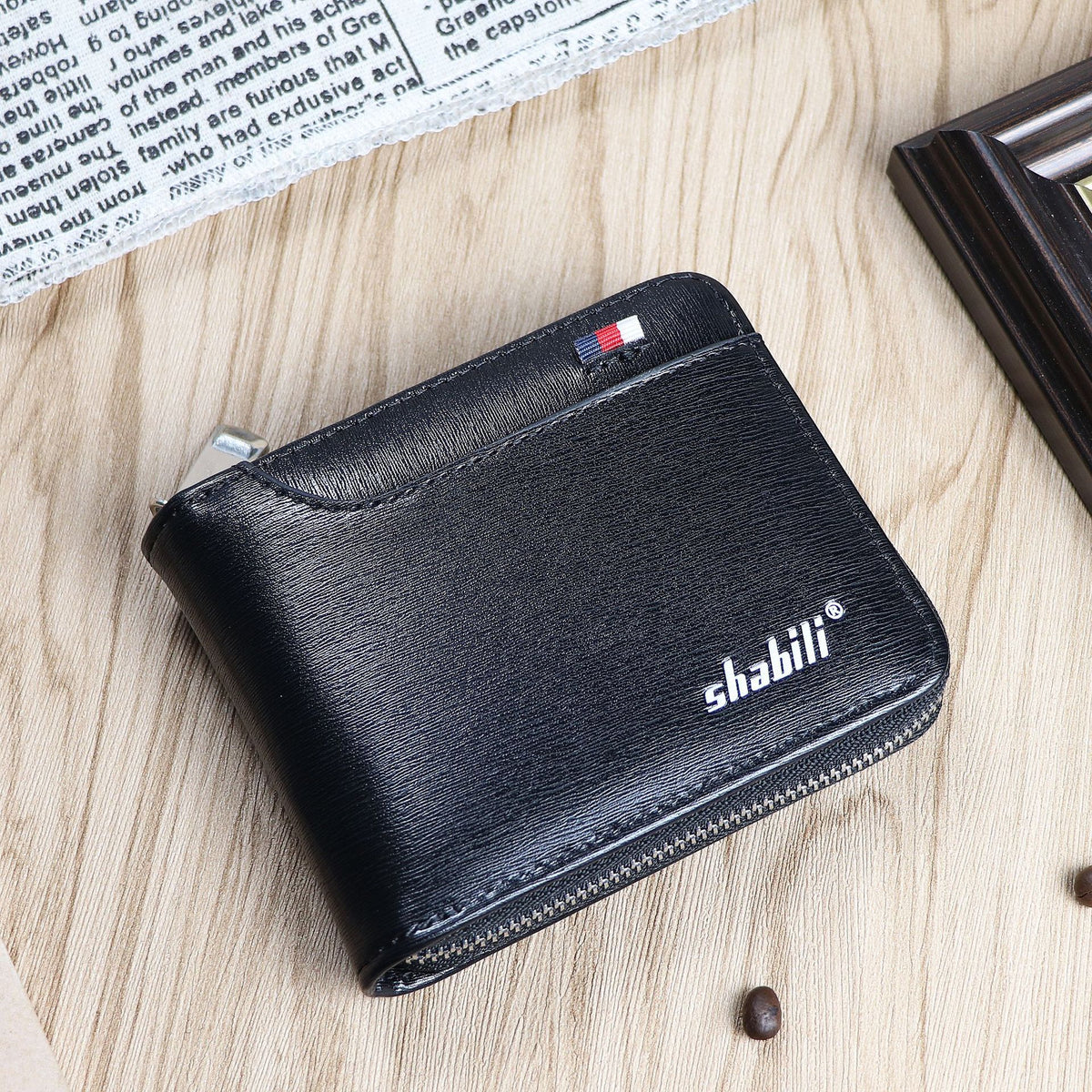 Men's Short Business Green Zipper Oil Wax Leather Men's Wallet