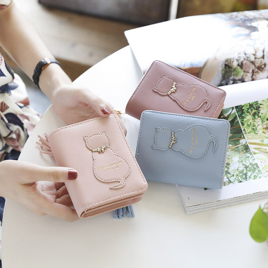 Women's Cat Solid Color Vertical 2 Fold Ladies Wallets