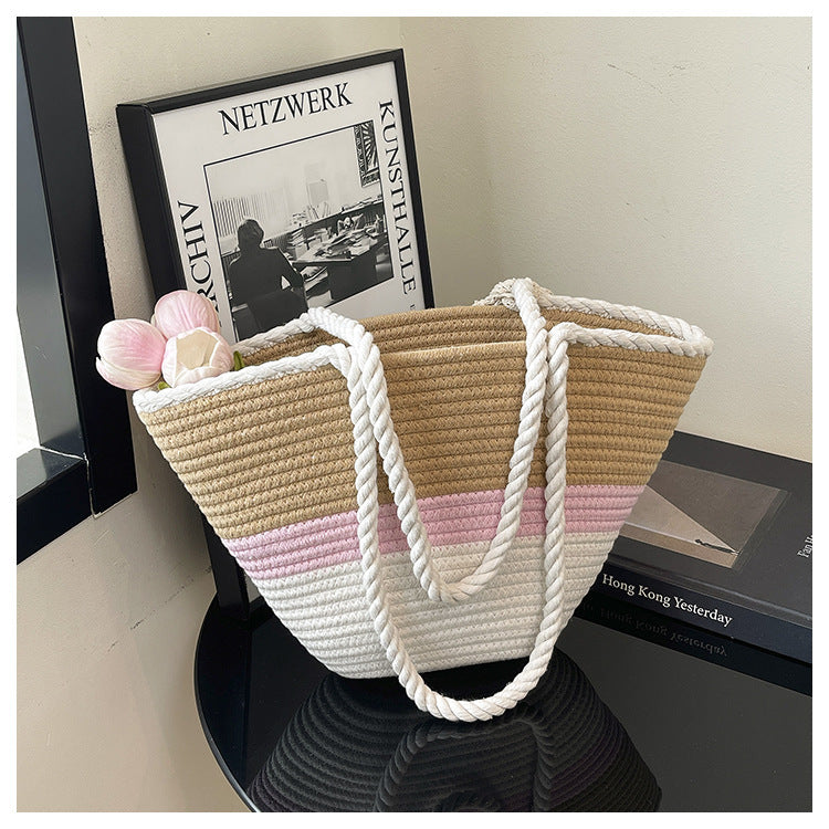 Summer Contrast Color Vacation Beach Mori Leisure Striped Large Capacity Women's Shoulder Bag
