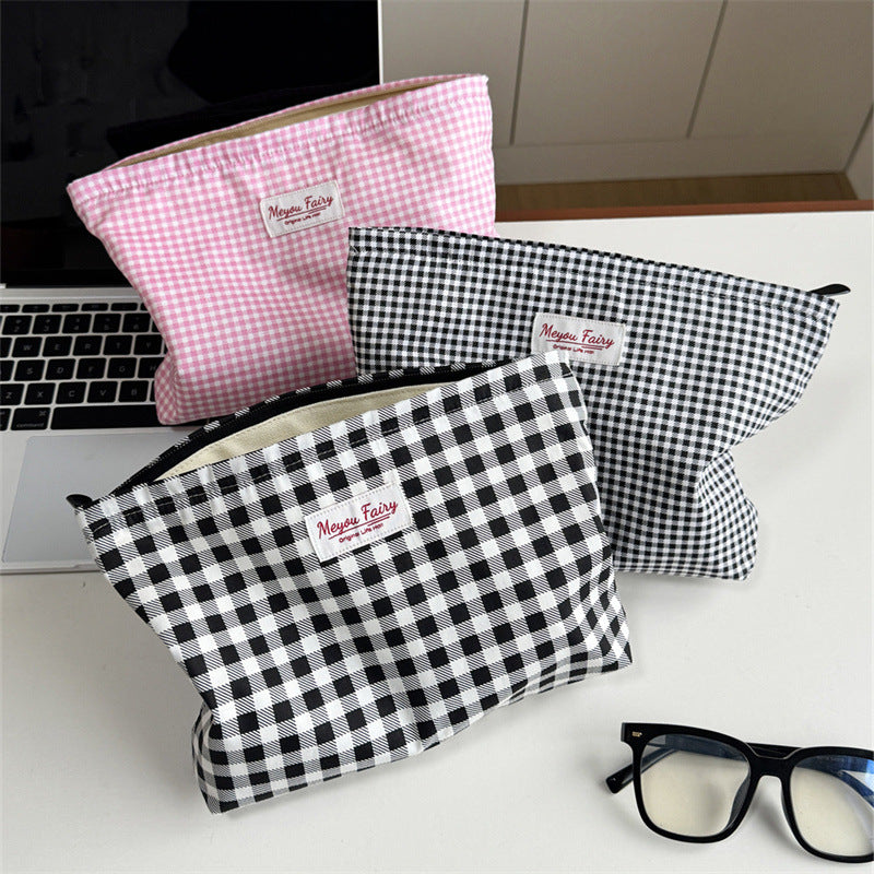 Simple Plaid Printed Niche Buggy Toiletry Makeup Bag