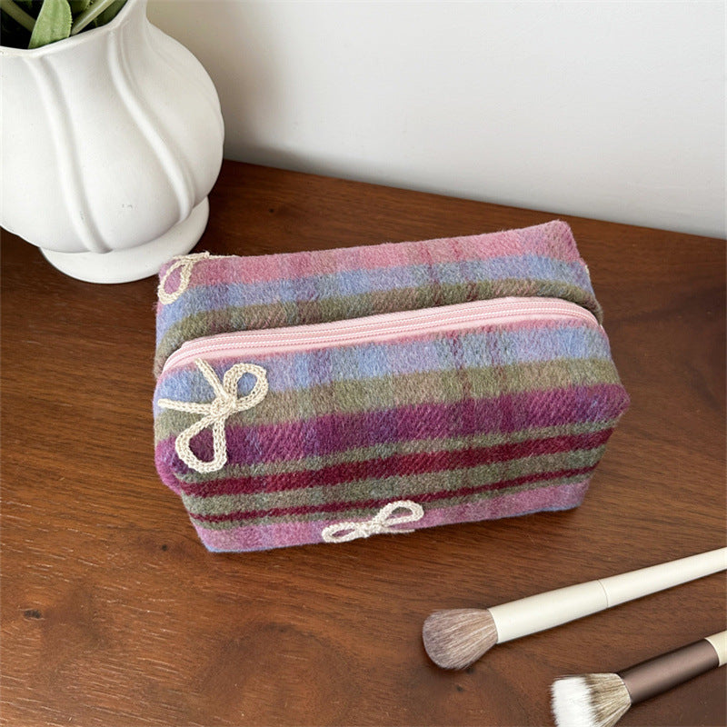 Plaid Woolen Bow Storage Large Capacity Wash Makeup Bag