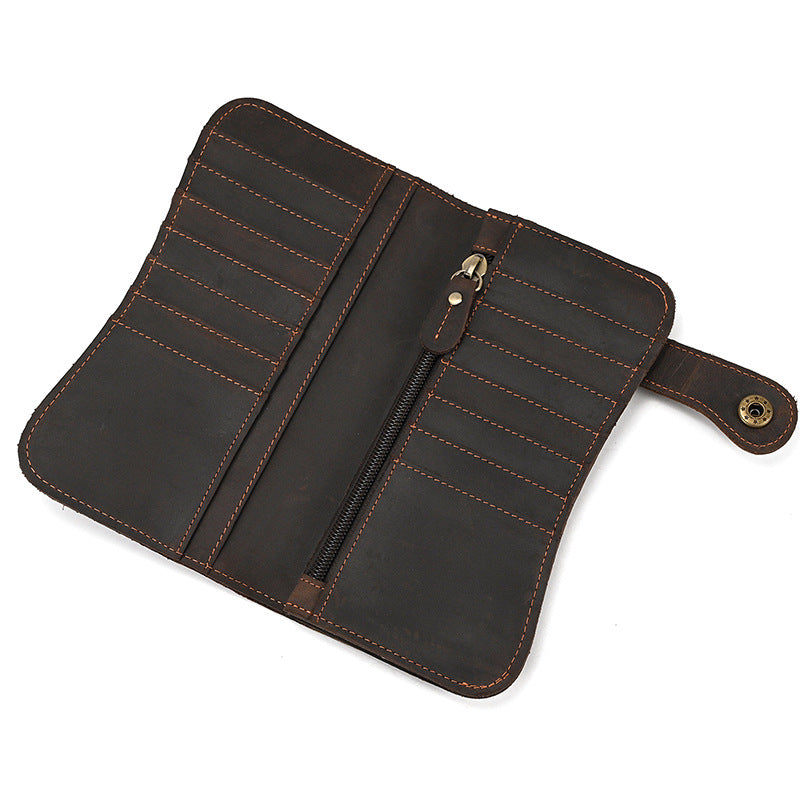 Men's Long Genuine Leather Crazy Horse Dragon Pattern Iron Chain Men's Wallet