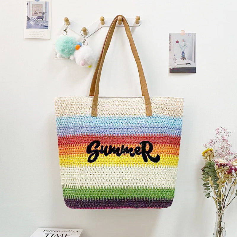 Women's Straw Shopping Striped Letters Beach Handbags