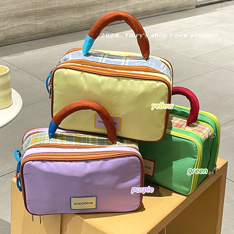 Women's Dopamine Large Capacity Plaid Contrast Color Hand Gift Storage Makeup Bag