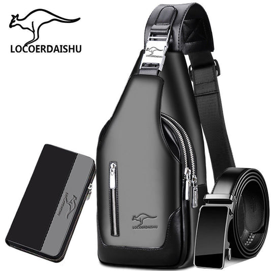 Men's Stylish Versatile Soft Leather Waterproof Large Men's Chest Bags