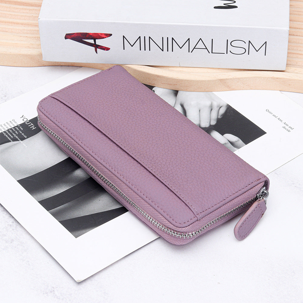 Women's Swiping Long Large Capacity Zipper Cowhide Ladies Wallet