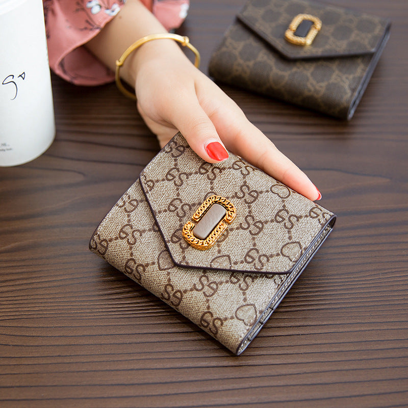 Women's Short Genuine Leather Mini Printed Folded Card Holder