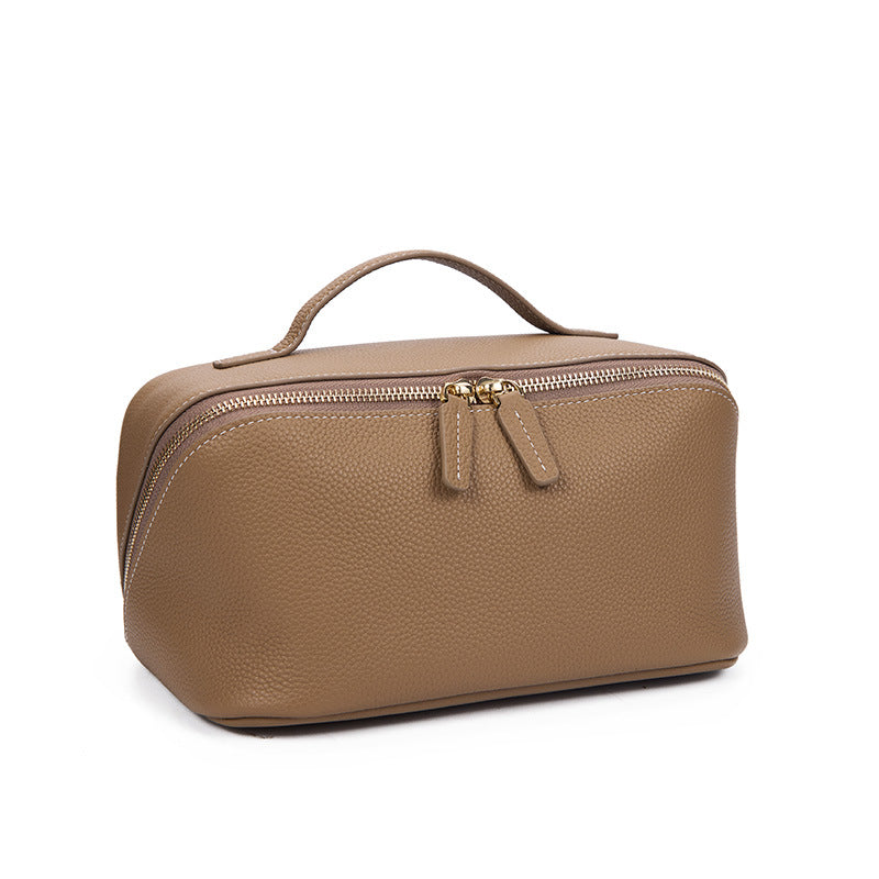 Women's Cowhide Textured Portable Toiletry Fashionable Leather Makeup Bag