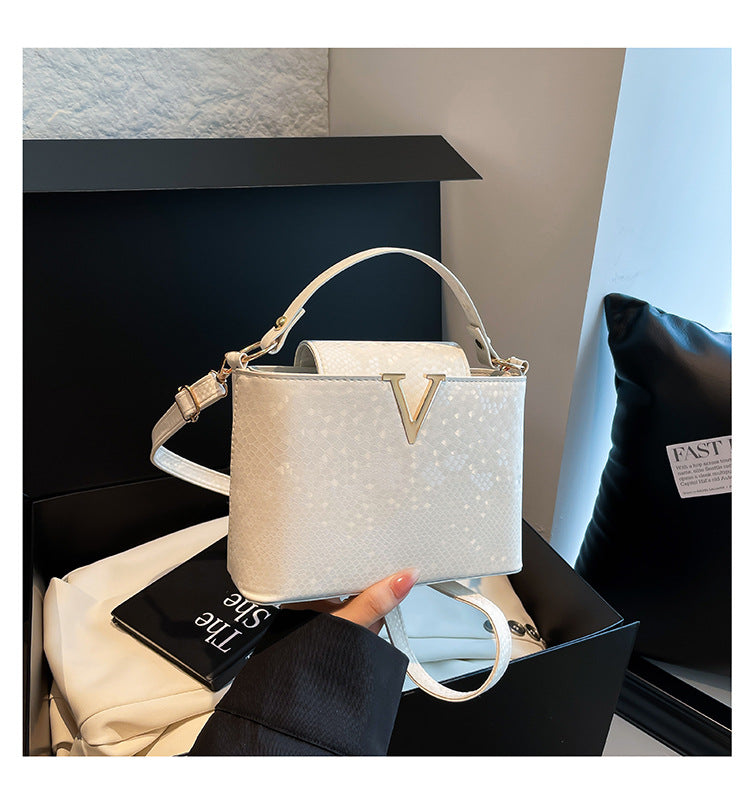 Capacity Solid Color Snake Pattern Summer Letter Hardware Texture Women's Shoulder Bag