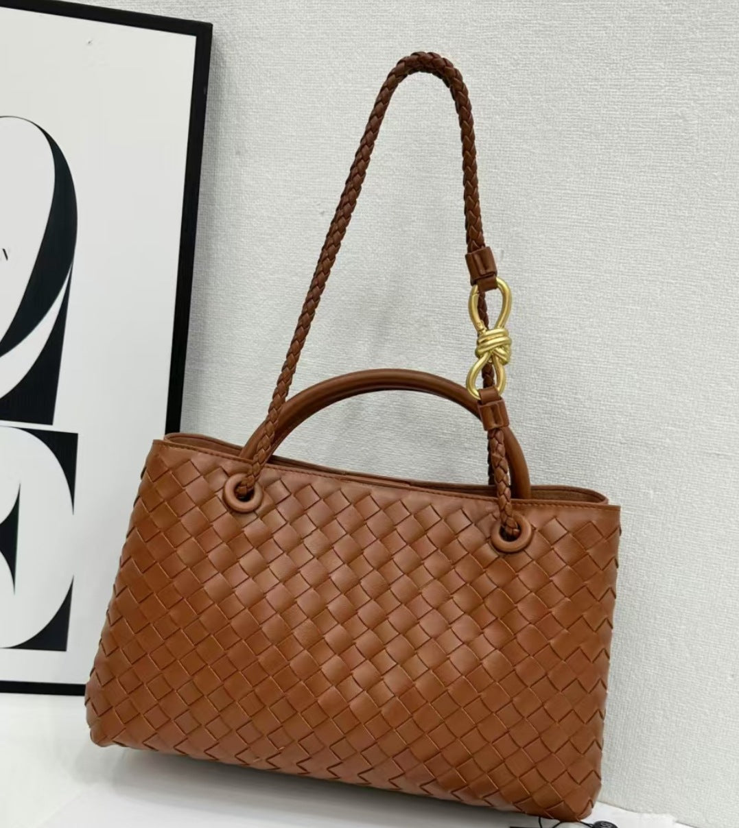 Women's Genuine Leather Metal Cord Fastener Woven Handbags