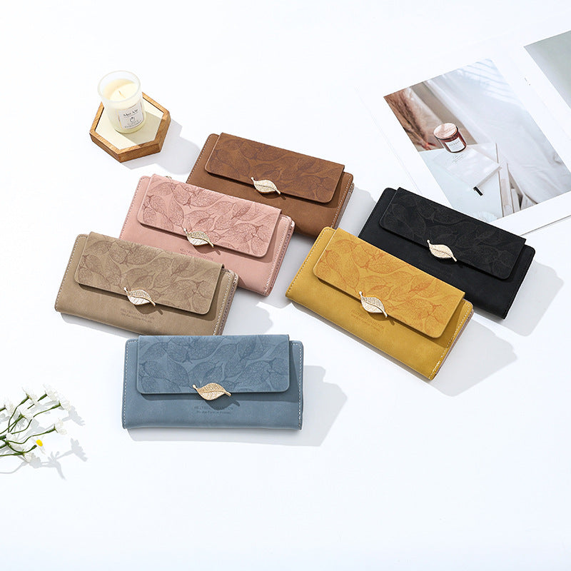 Women's Large Capacity Long Retro Frosted Leaf Card Holder