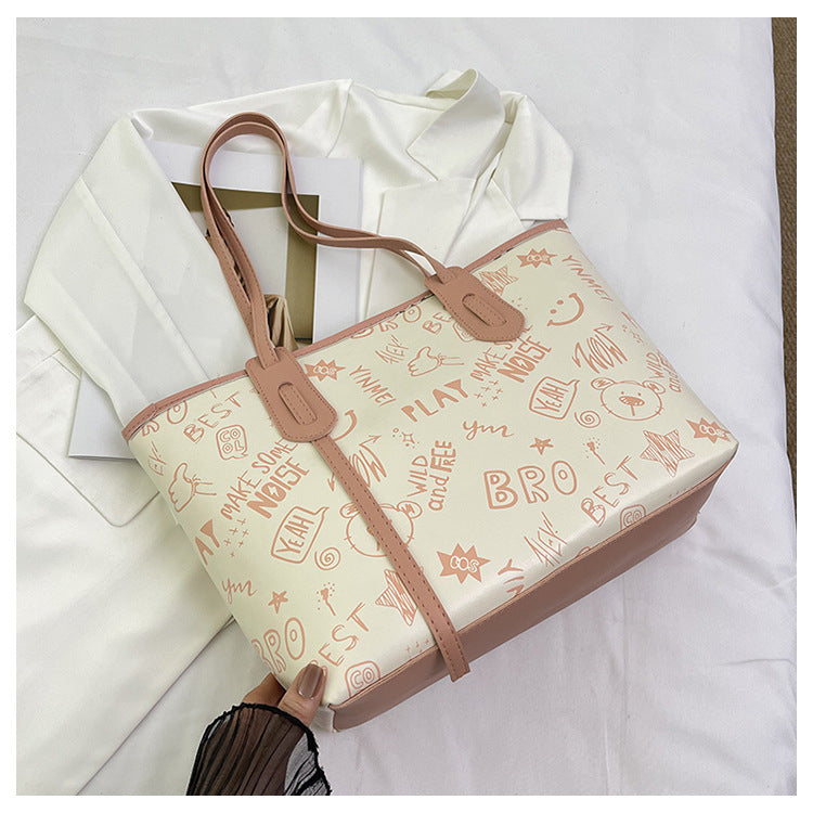 Contrast Color Big Female Cute Cartoon Printed Easy Matching Large Bags