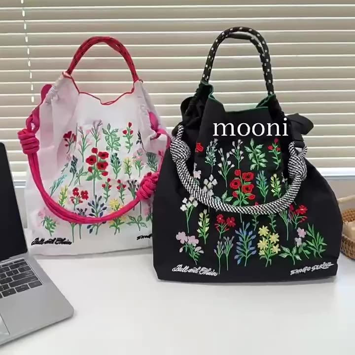 Embroidered Shopping With Flowers Plants On The Upper Body Niche Women's Shoulder Bag
