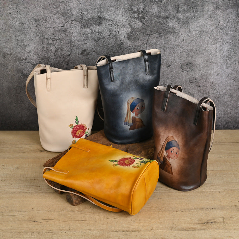 Layer Cowhide Idle Style Artistic Retro Printing Women's Messenger Bag