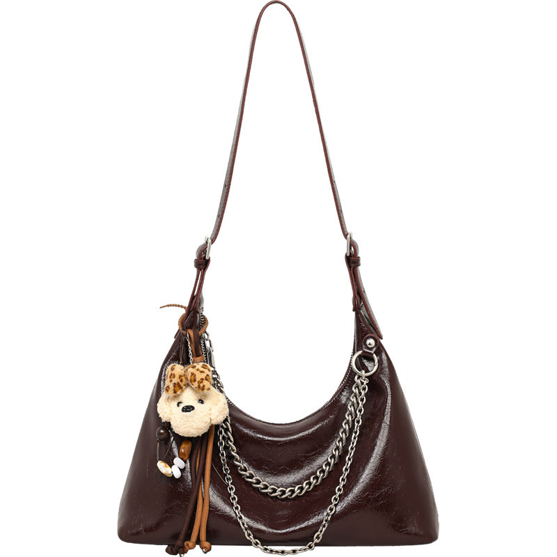 Style Brown Soft Leather Chain Doll Ornaments Retro Korean Women's Messenger Bag
