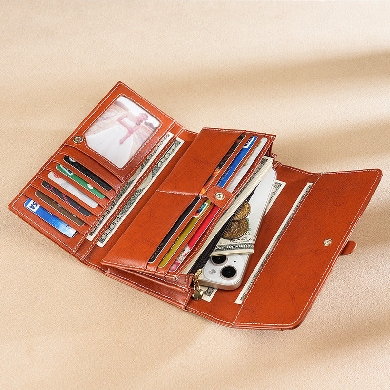 Women's High Quality Leather Long Brushing Oil Wax Genuine Bags