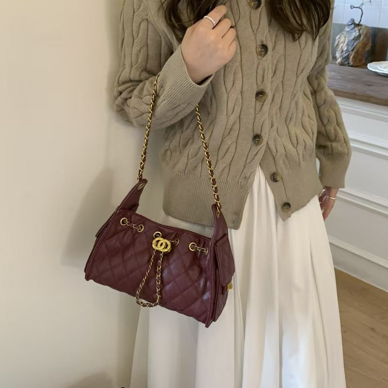 Women's Fashion Large Capacity Underarm Chain Retro Textured Solid Color Bags