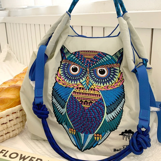 Owl Embroidery Green Shopping Nylon Cloth Waterproof Portable Women's Shoulder Bag