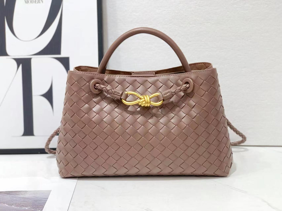 Women's Genuine Leather Metal Cord Fastener Woven Handbags