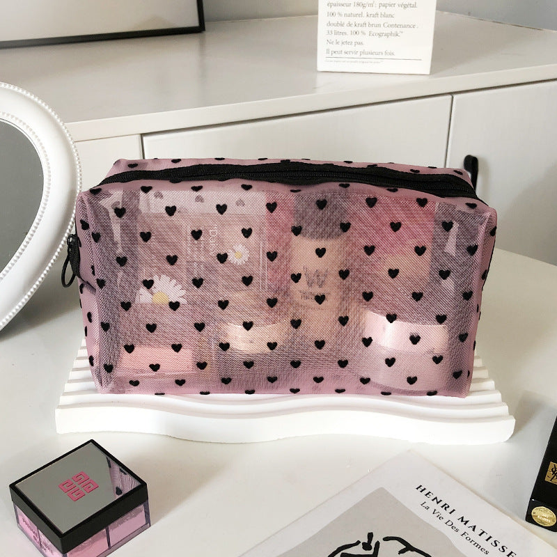 Flocking Pink Mesh Heart Portable Wash Cosmetic Bags