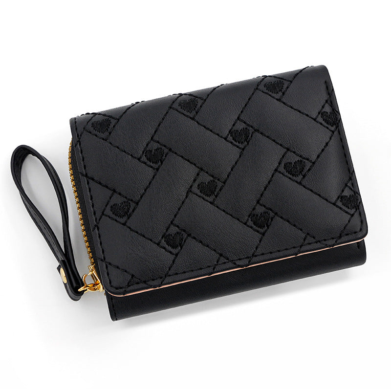 Women's Korean Style Sweet Heart-shaped Embroidered Short Zipper Clutch Solid Color Ladies Wallet