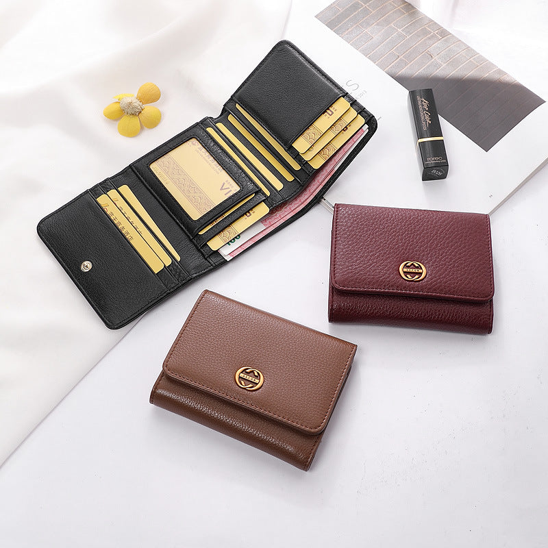 Women's Leather Folding Fashion Simple Cowhide Three Fold Ladies Wallet