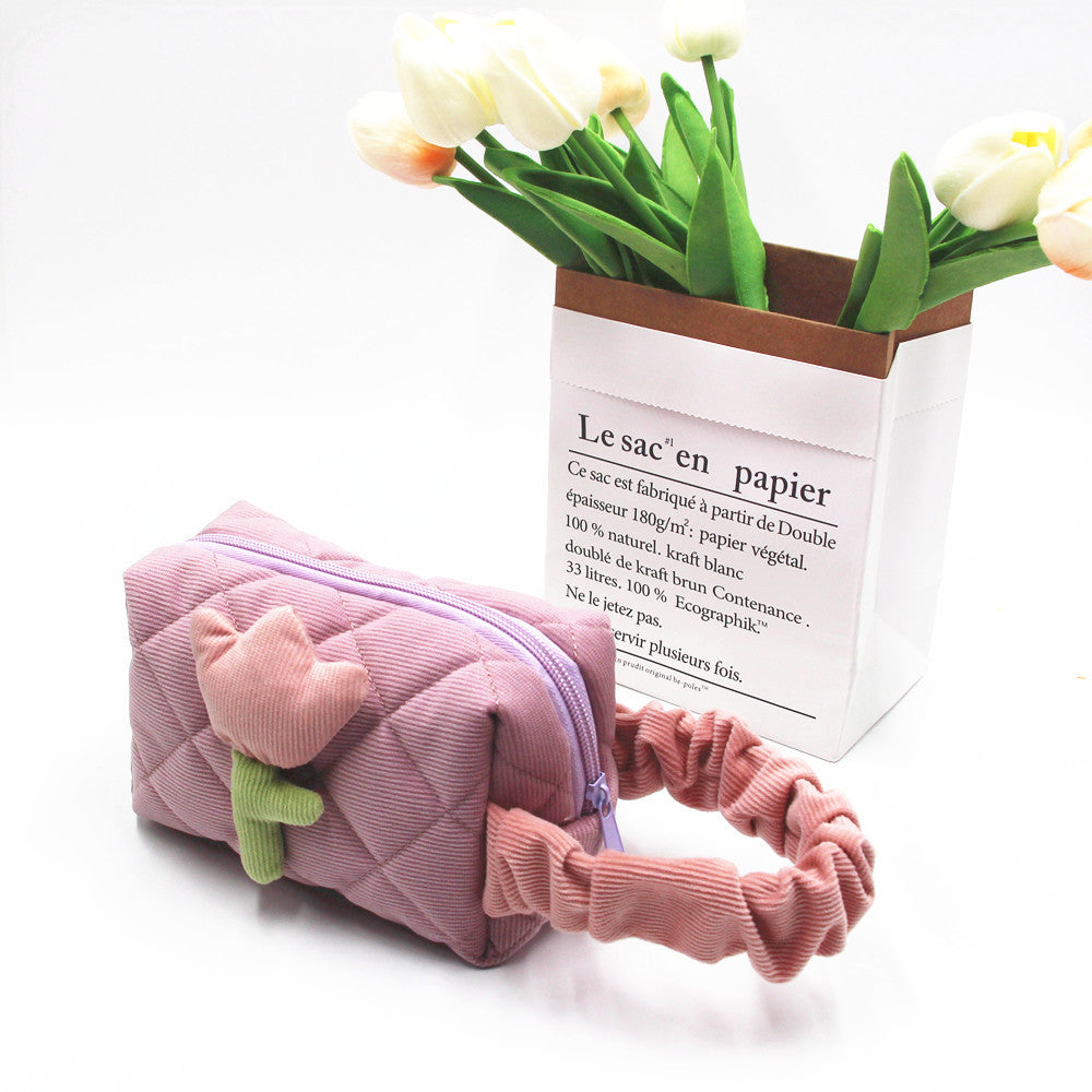 Women's Corduroy Large Capacity Cute Flowers Portable Cosmetic Bags