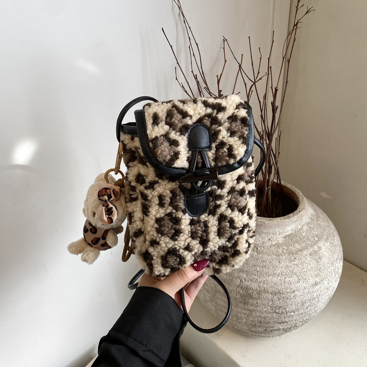 Women's Plush Cell Lamb Wool Leopard Print Women's Shoulder Bag