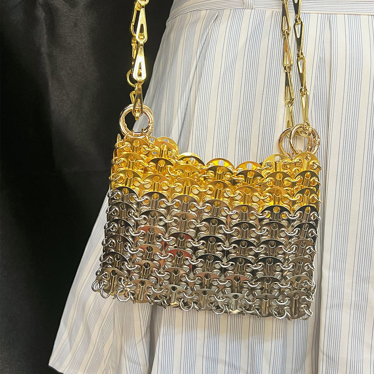 Women's Retro Metal Sequins Chain Hand-woven Sequin Underarm Mobile Phone Bags
