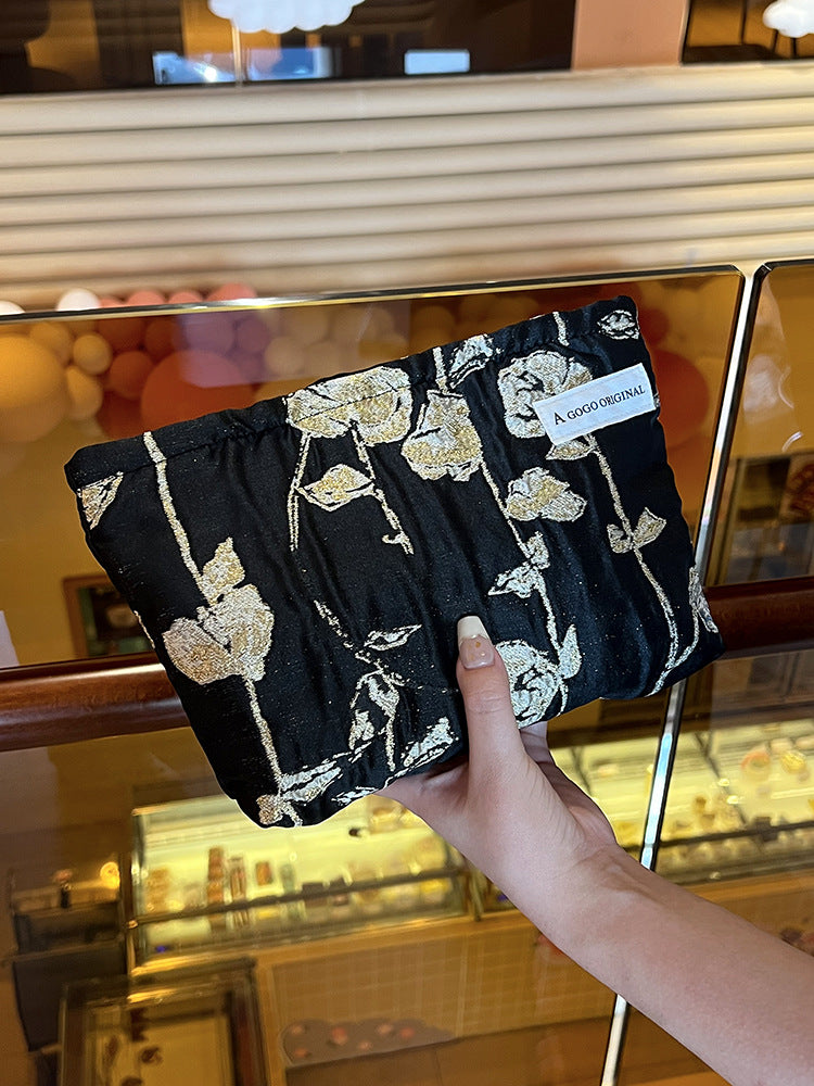 High-grade Jacquard Gold Silk Skin Care Buggy Portable Toiletry Canvas Makeup Bag
