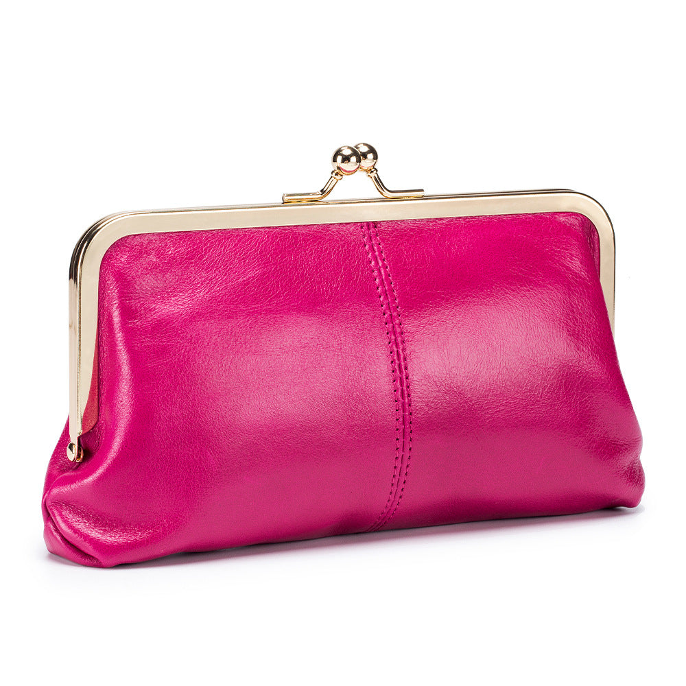 Genuine Leather Retro Clip Long Clutch Simple Frame Storage Handbags