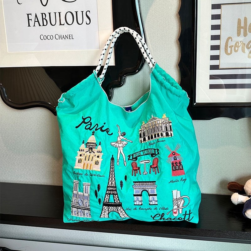 Iron Tower Embroidery Shopping Large Capacity Handbags