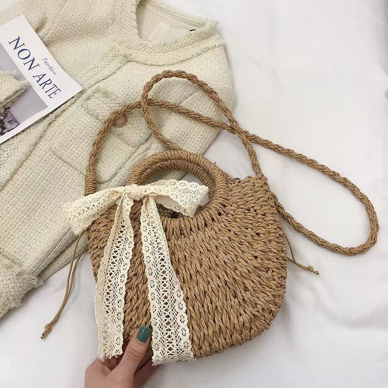 Women's Korean Lace Bow Woven Rattan Straw Handbags