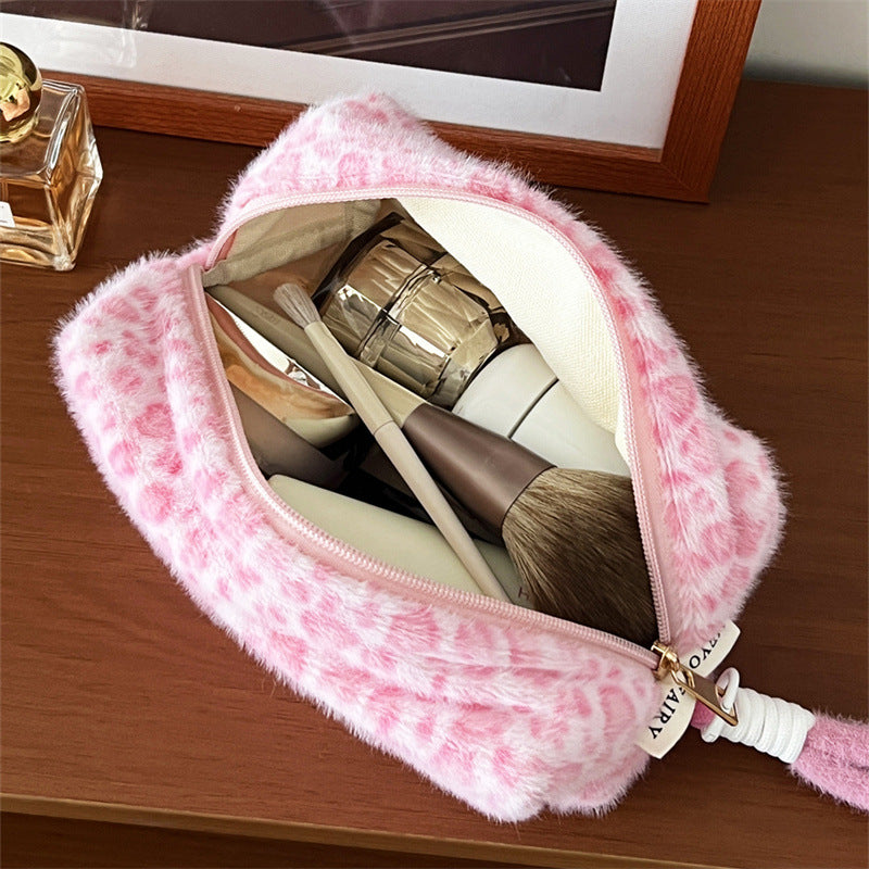 Sweet Cool Leopard Pattern Pink Hand Carrying Large Capacity Portable Makeup Bag
