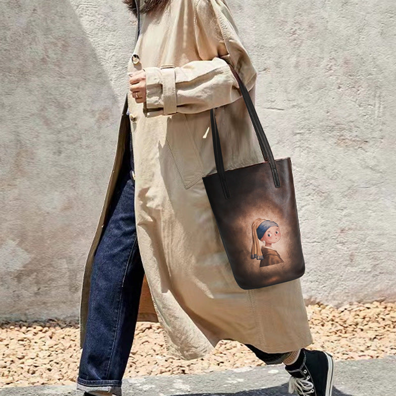 Layer Cowhide Idle Style Artistic Retro Printing Women's Messenger Bag