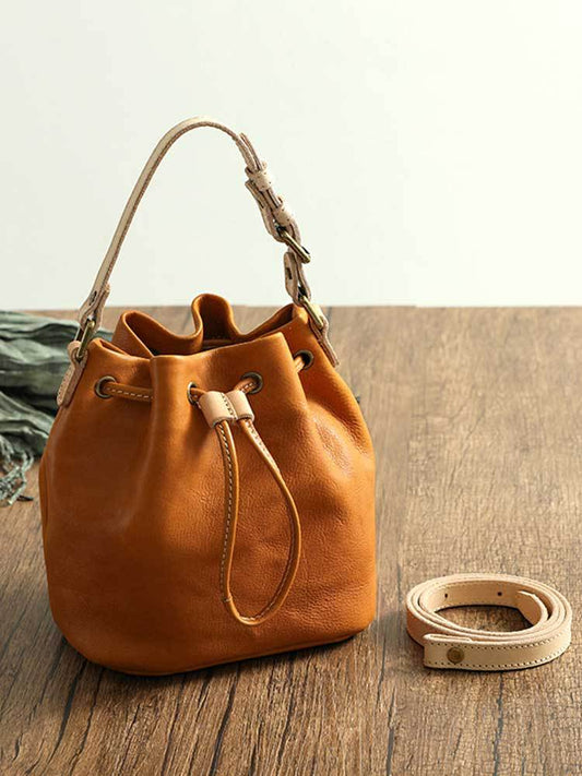 Women's Genuine Leather Vintage Handmade Vegetable Tanned Drawstring Crossbody Bags