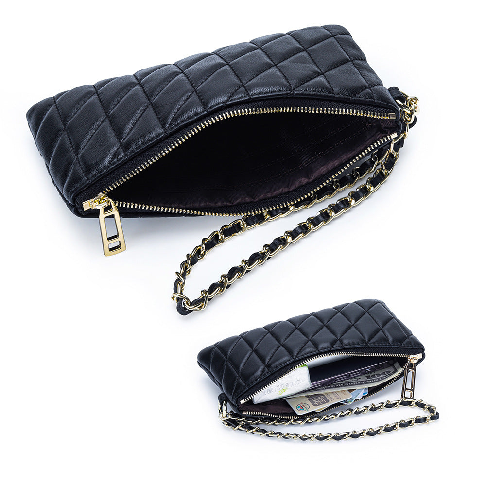 Women's Sheepskin Classic Style Clutch Diamond Chain Storage Leather Bags