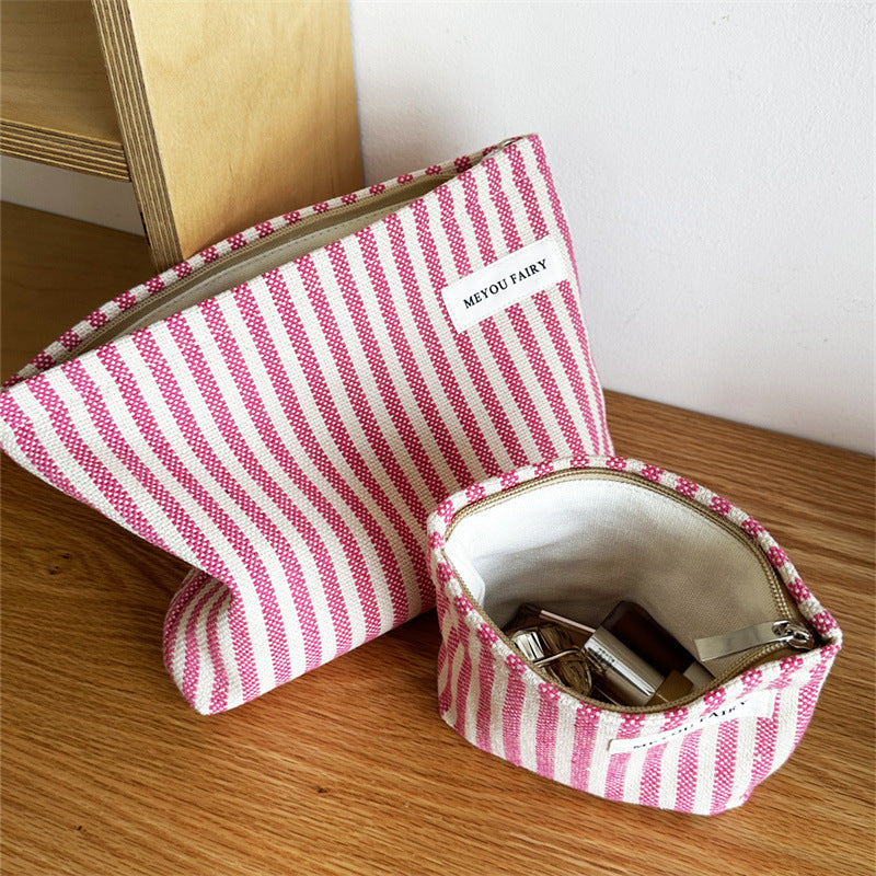 Women's Contrast Color Vertical Stripes Pink Large Capacity Wash Makeup Bag