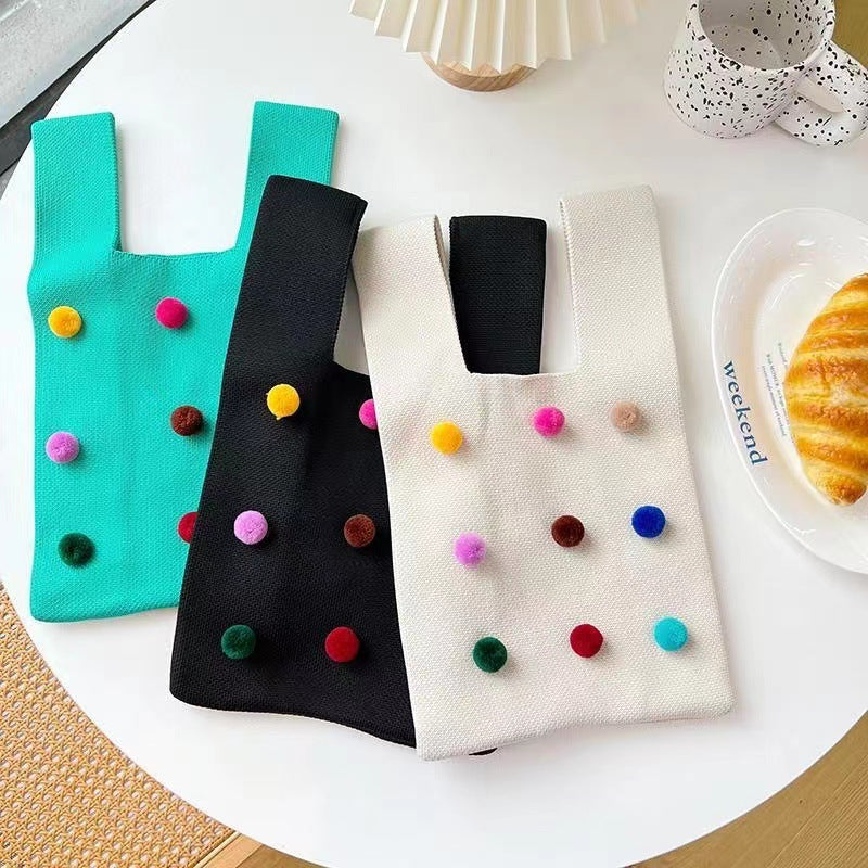 Durable Slouchy Colorful Pompons Knitted Ball Handbags