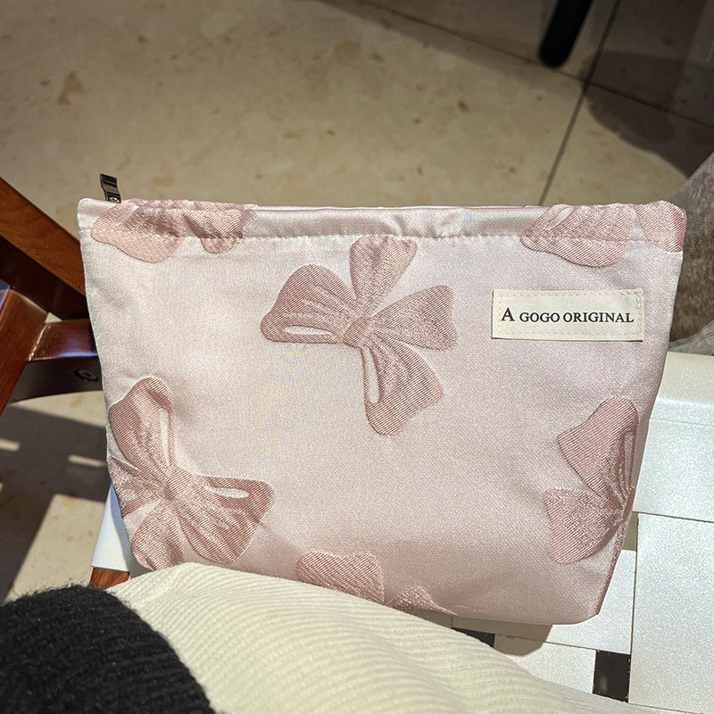Solid Color Large Capacity Portable Liner Bow Makeup Bag