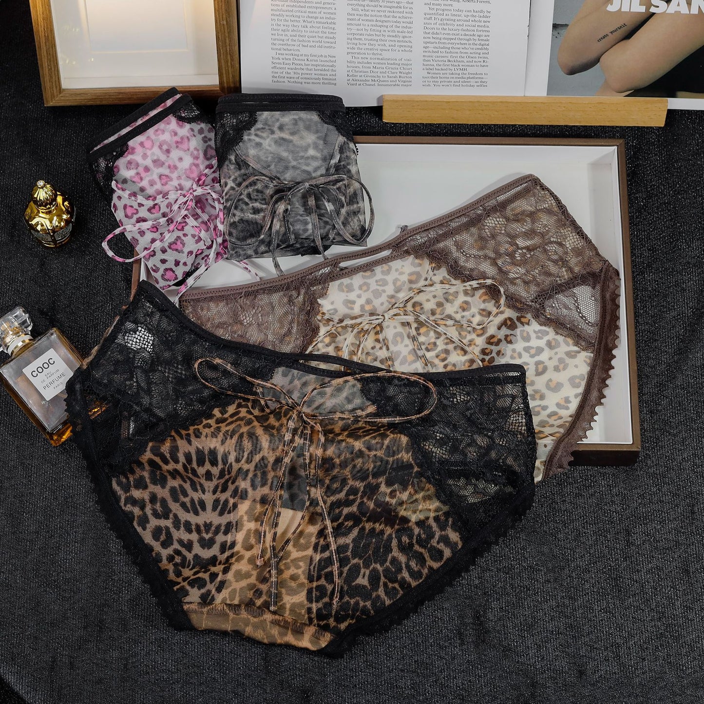 Women's Leopard Print Hollow Out Tied Bow Panties