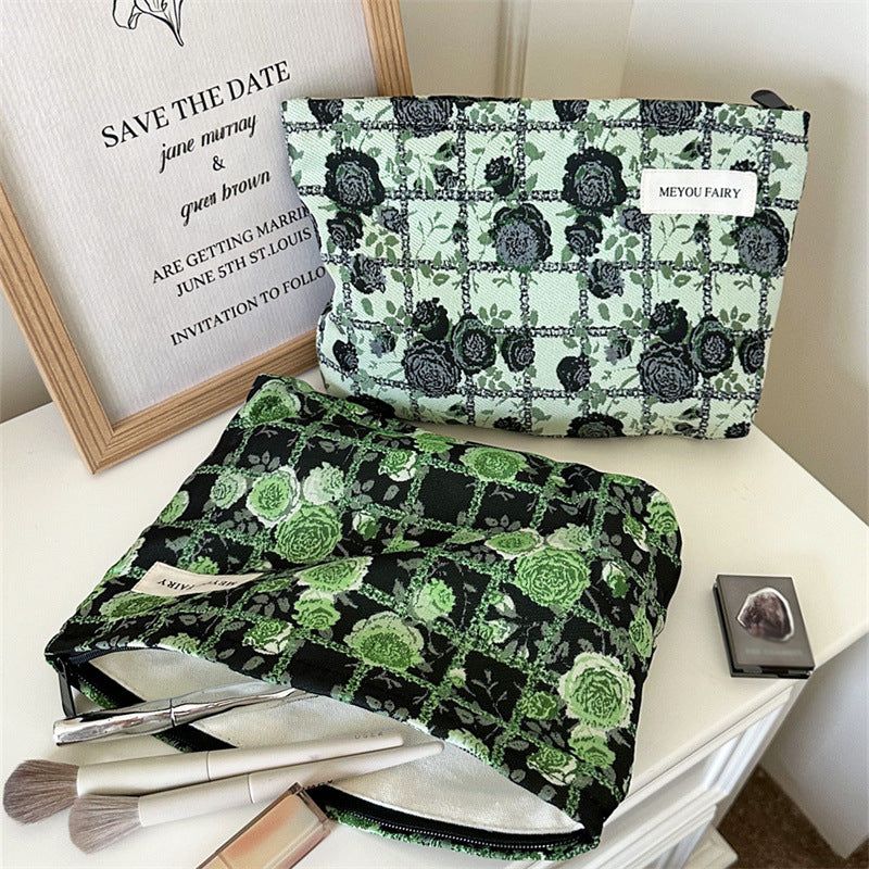 Plaid Rose Blackish Green Series Jacquard Canvas Large Capacity Artistic Makeup Bag