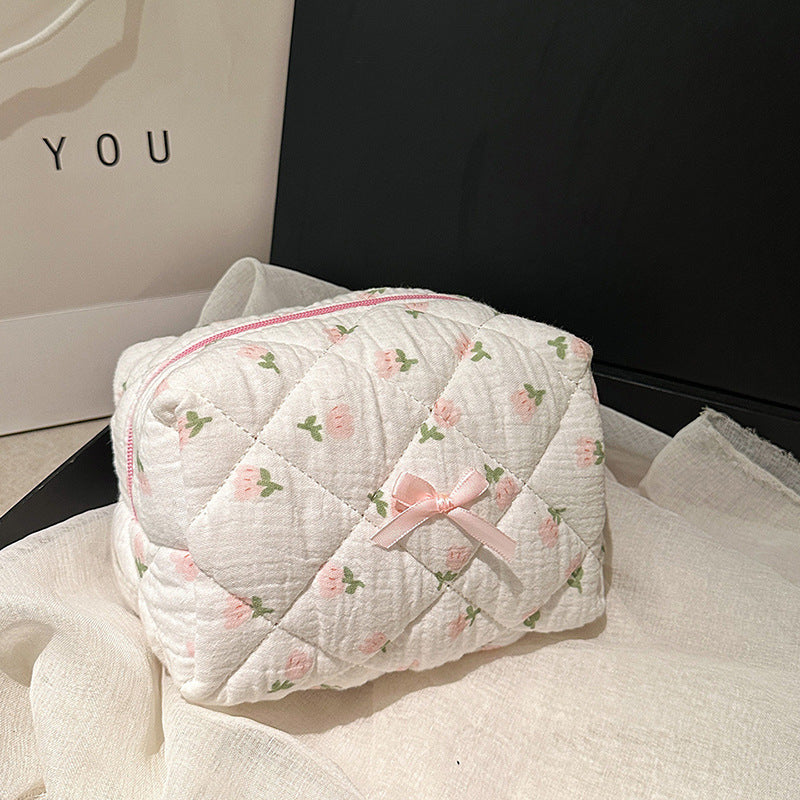 Striped Floral Cotton Embroidery Thread Plaid Makeup Bag