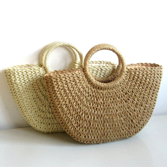 Simple Solid Color Woven Retro Style Vacation Bags